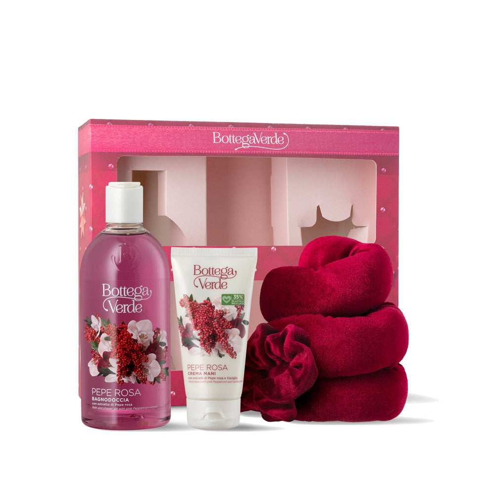 Coffret Gel de Banho e Creme de Mãos Pepe Rosa + conjunto de rolo de cabelo sem calor