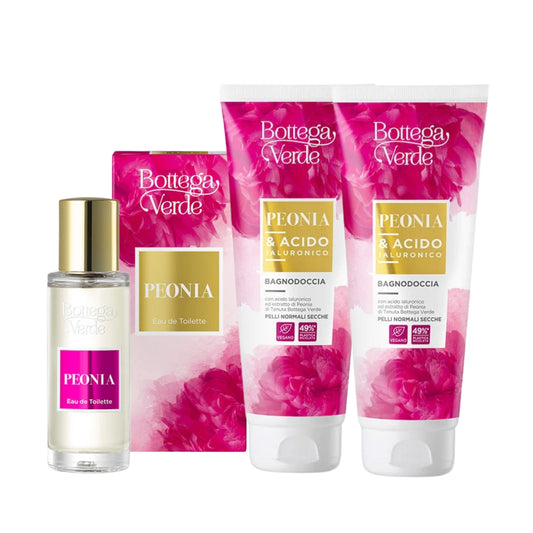 Pack Peonia & Ácido Hialurónico Gel de Banho, Leite Corporal e Perfume
